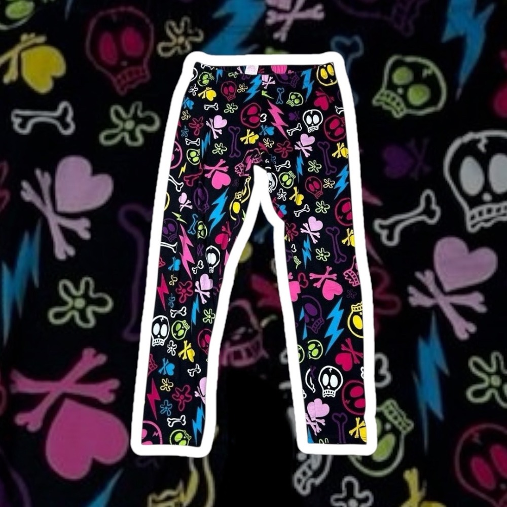 Y2K No Boundaries‎ Womens Leggings Skull Bone Heart Lightning Print Black Grunge